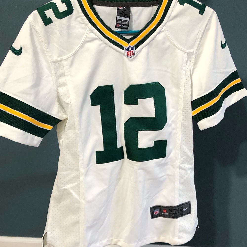 Nike Women’s White Green and Yellow #12 Football Jersey